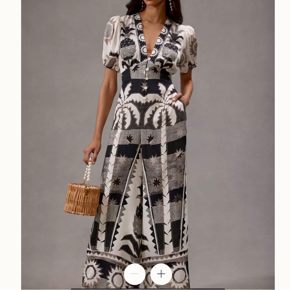 Farm Rio Jumpsuit Linen Puff Sleeve Black/White X-Small NWT